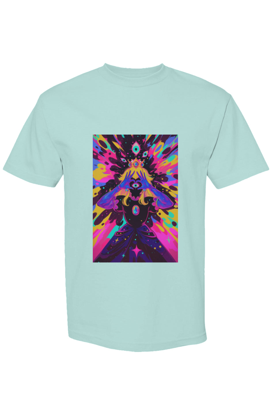 Pale-blue crew-neck T-shirt from Drewsidious Otaku Collection featuring a psychedelic cosmic illustration of a crowned figure with neon accents and surreal space-themed design.