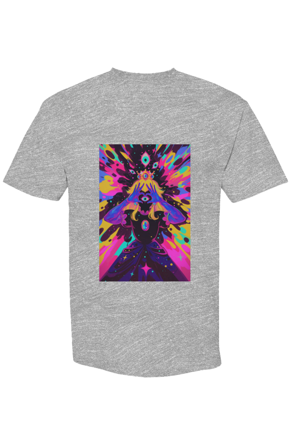 Heather-gray T-shirt from the Drewsidious Otaku Collection, featuring a psychedelic, crowned figure with multiple eyes, amid vibrant neon colors and cosmic patterns.