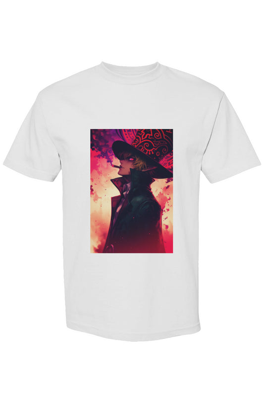 Drewsidious Otaku Collection XIX | Seven 25 T-shirt featuring anime-inspired character in a high-collared coat, wide-brimmed hat, against a fiery backdrop.