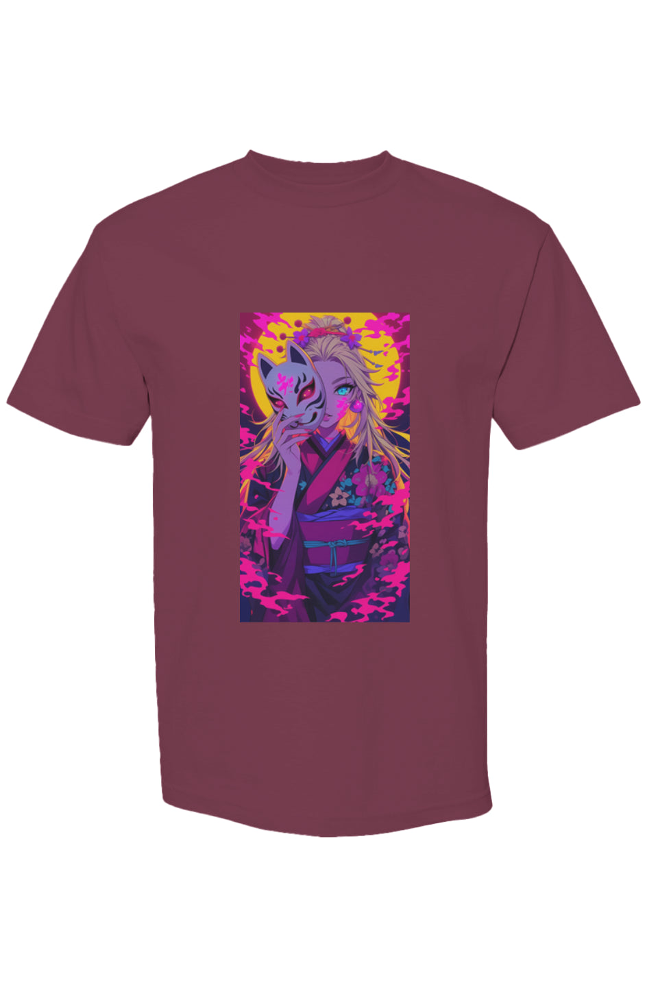 Burgundy T-shirt featuring a vibrant anime-style illustration of a woman in a floral kimono, part of Drewsidious Otaku Collection | Seven 25.