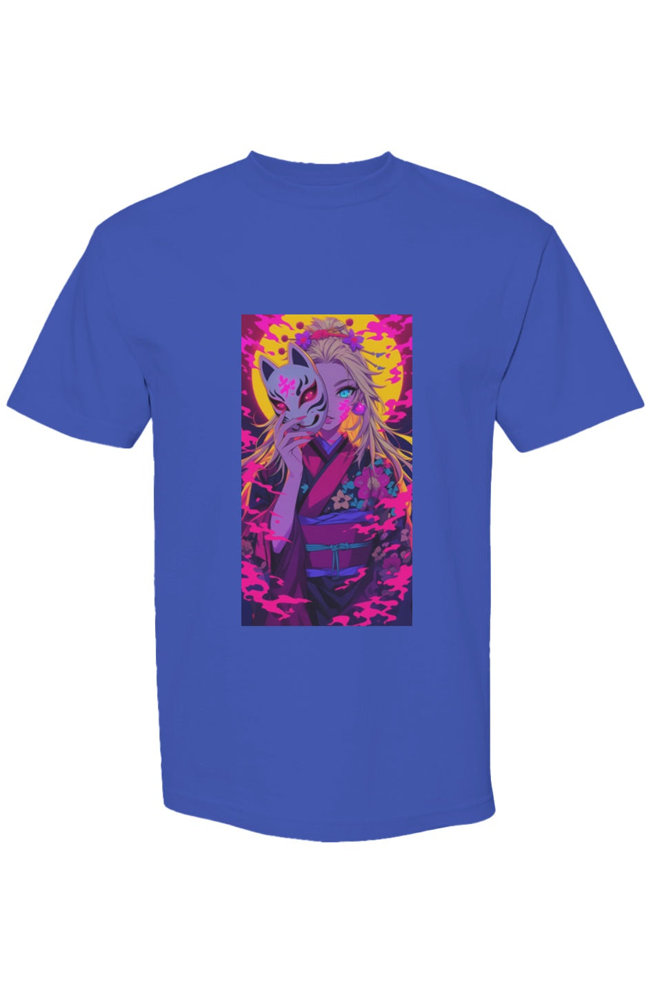 Royal-blue T-shirt featuring anime-style art of a woman in a kimono with a fox mask, part of Drewsidious Otaku Collection XXI | Seven 25.