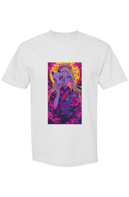 Drewsidious Otaku Collection XXI | Seven 25 T-shirt features a vibrant anime-style figure in a kimono holding a fox mask, surrounded by swirling mist.