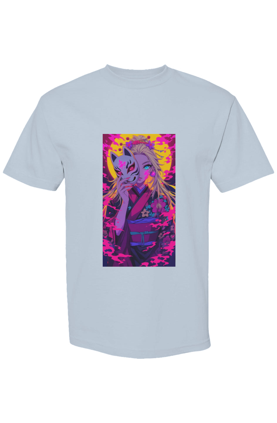 Drewsidious Otaku Collection XXI | Seven 25 T-shirt featuring an anime-style woman in kimono with a kitsune mask, set against vibrant neon hues.