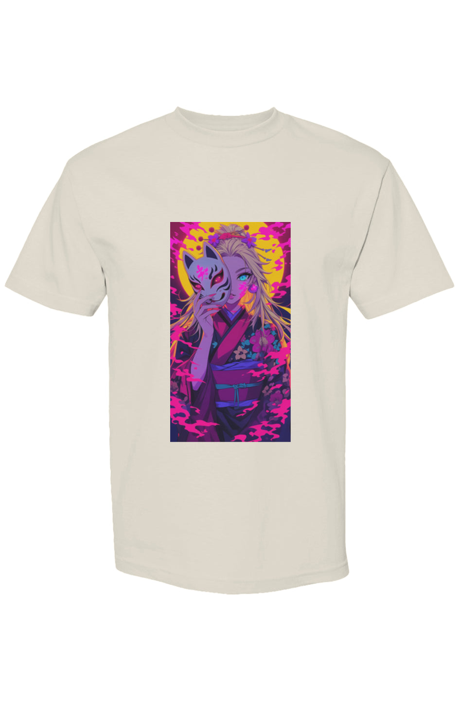 Anime-style portrait tee from Drewsidious Otaku Collection | Seven 25, featuring a woman in a floral kimono with a kitsune mask, exuding vibrant energy.
