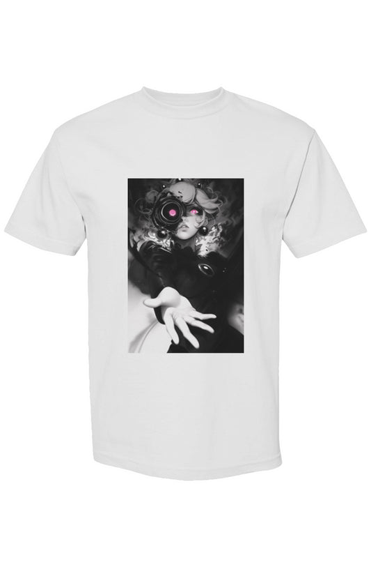 Drewsidious Otaku Collection XIV | Seven 25: White T-shirt featuring a sci-fi portrait of a woman with glowing pink eyes and a mechanical eyepiece.