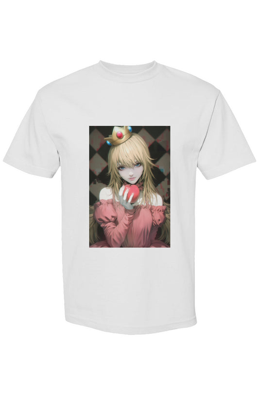 Drewsidious Otaku Collection Seven 25 T-shirt featuring an anime-style woman with crown and apple, on heavyweight cotton, blending gamer and nerd culture aesthetics.