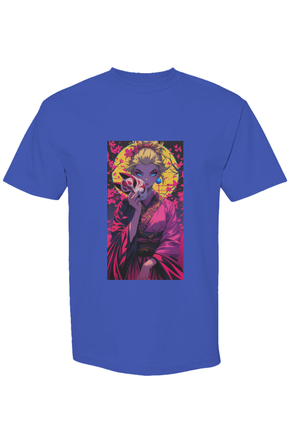 Royal-blue T-shirt featuring anime-style art of a woman in a kimono with a fox mask, part of Drewsidious Otaku Collection XVI | Seven 25.