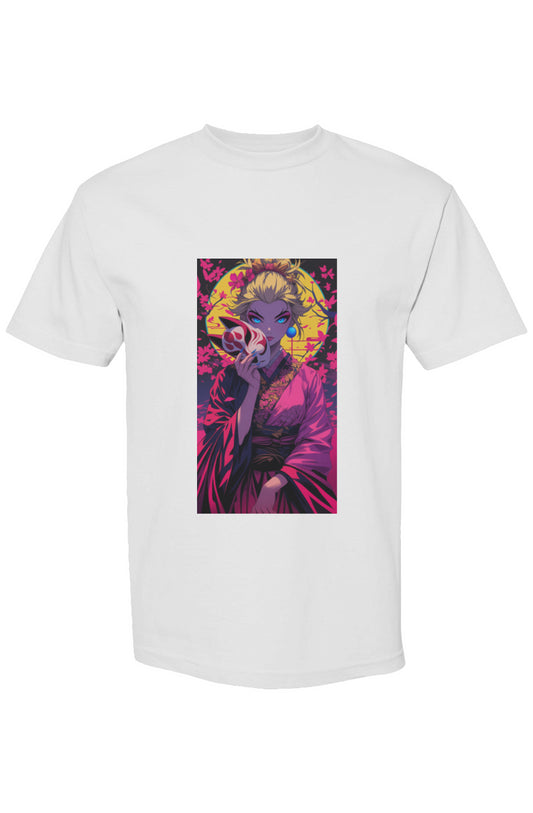 Drewsidious Otaku Collection XVI | Seven 25 T-shirt features a purple-skinned woman in a pink kimono with a kitsune mask, moon, and cherry blossoms.
