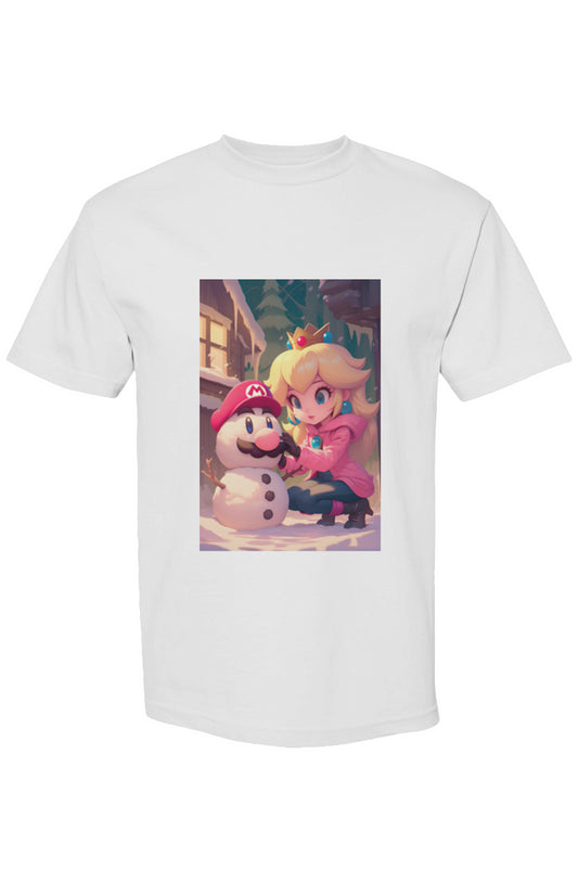 Drewsidious Otaku Collection XVIII | Seven 25: White T-shirt featuring Princess Peach shaping a Mario snowman, embodying gamer-style artistry with a relaxed, boxy fit.