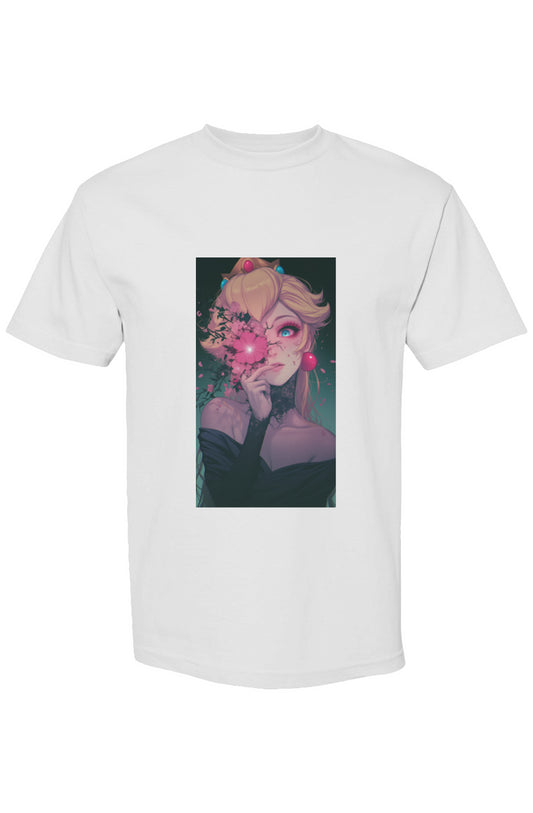 Plain white T-shirt featuring Drewsidious Otaku Collection artwork: a princess with a pink blossom on her face, set against a deep green background.