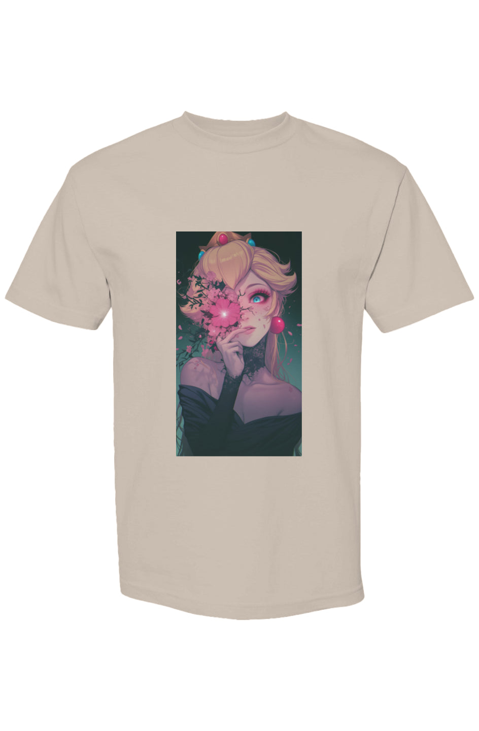 Drewsidious 'Otaku' Collection | Seven 25 beige T-shirt featuring an anime-inspired blonde princess illustration with crown, holding a pink blossom, on premium cotton.