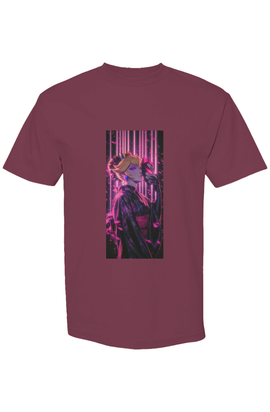 Burgundy T-shirt featuring a neon-style anime illustration of a kimono-clad woman with a fox mask, part of Drewsidious Otaku Collection XXII | Seven 25.
