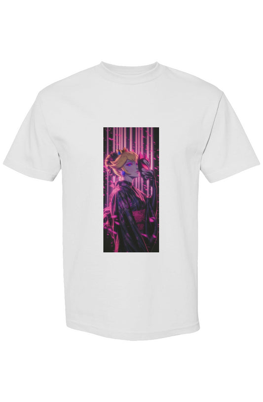 Drewsidious Otaku Collection XXII | Seven 25 T-shirt featuring a neon-lit anime scene with a blonde, cat-ear woman in a kimono holding a fox mask.