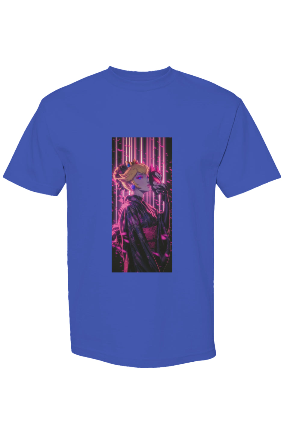 Blue tee featuring an anime-style woman in a dark kimono with a fox mask, part of Drewsidious Otaku Collection XXII | Seven 25.