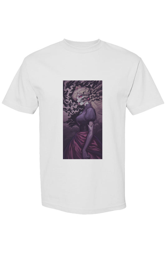 Drewsidious Otaku Collection Seven 25 T-shirt featuring a gothic-fantasy portrait of a woman in a purple gown with flowing blonde hair and swirling shadows.