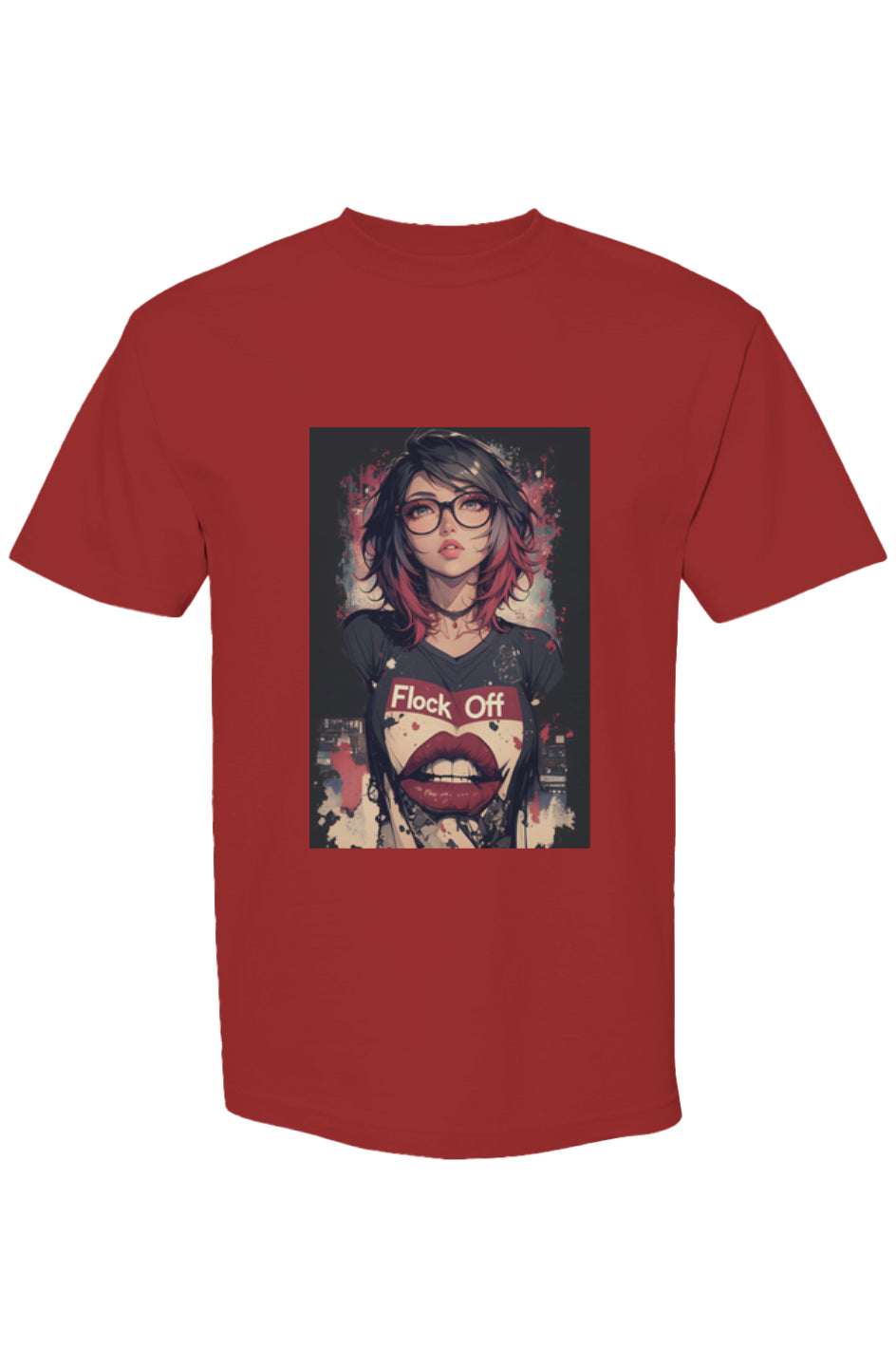 Anime-style red T-shirt from Drewsidious Otaku Collection XXIV | Seven 25, featuring a woman with two-tone hair, glasses, and Flock Off graphic.
