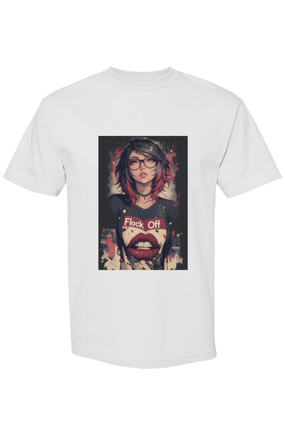White crew-neck T-shirt featuring manga-inspired graphic of a woman with glasses and Flock Off text from Drewsidious Otaku Collection Seven 25.
