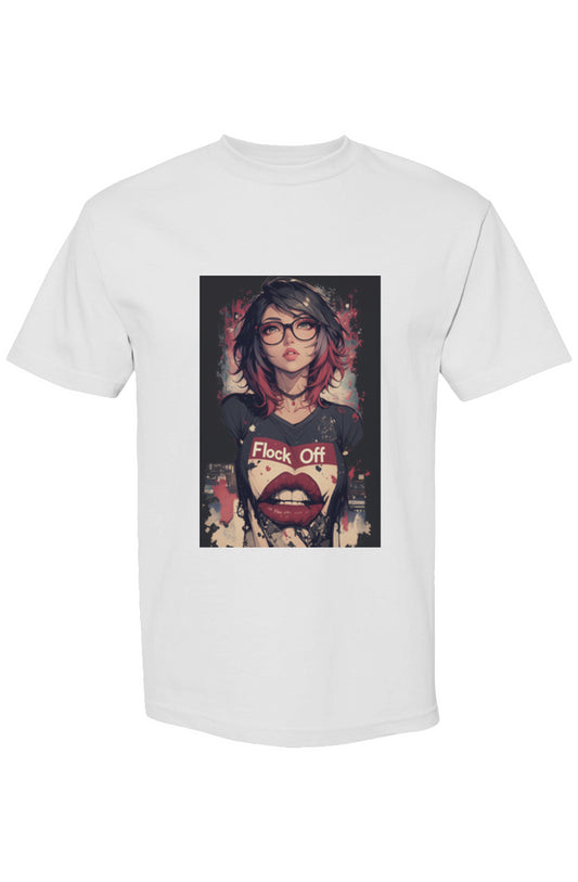 White crew-neck T-shirt featuring manga-inspired graphic of a woman with glasses and Flock Off text from Drewsidious Otaku Collection Seven 25.