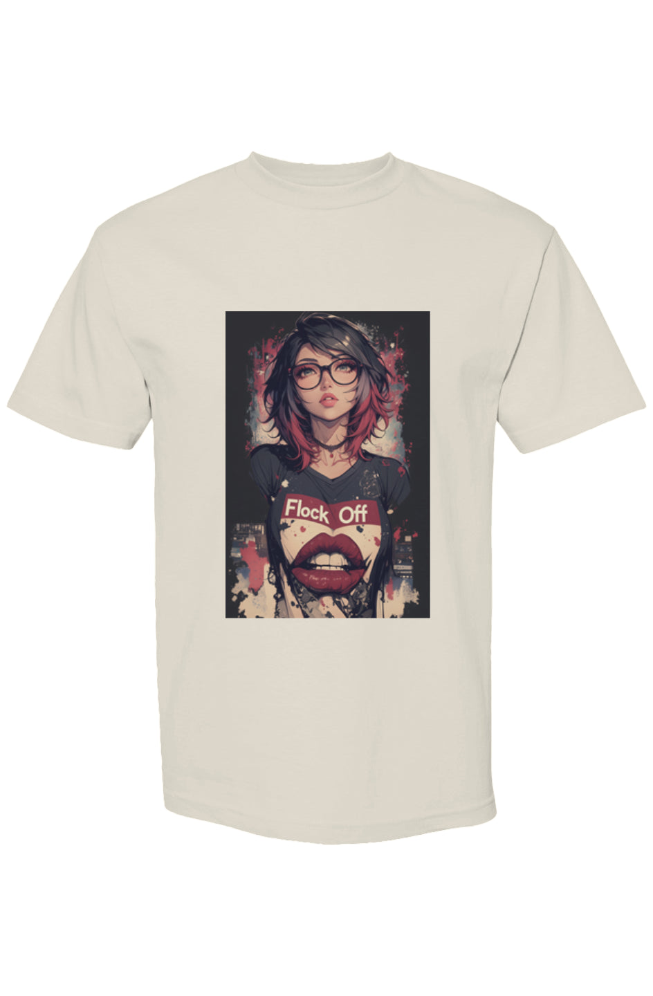Drewsidious Otaku Collection | Seven 25: Cream crew-neck T-shirt with pop-art graphic of woman with glasses, “Flock Off” text, and glossy red lips.