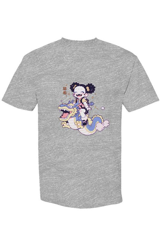 Light-gray T-shirt featuring a vibrant anime-style graphic of a joyful girl on a pastel dragon, embodying Shinjoku Streetwear Vibes I | Seven 25's unique artistry.