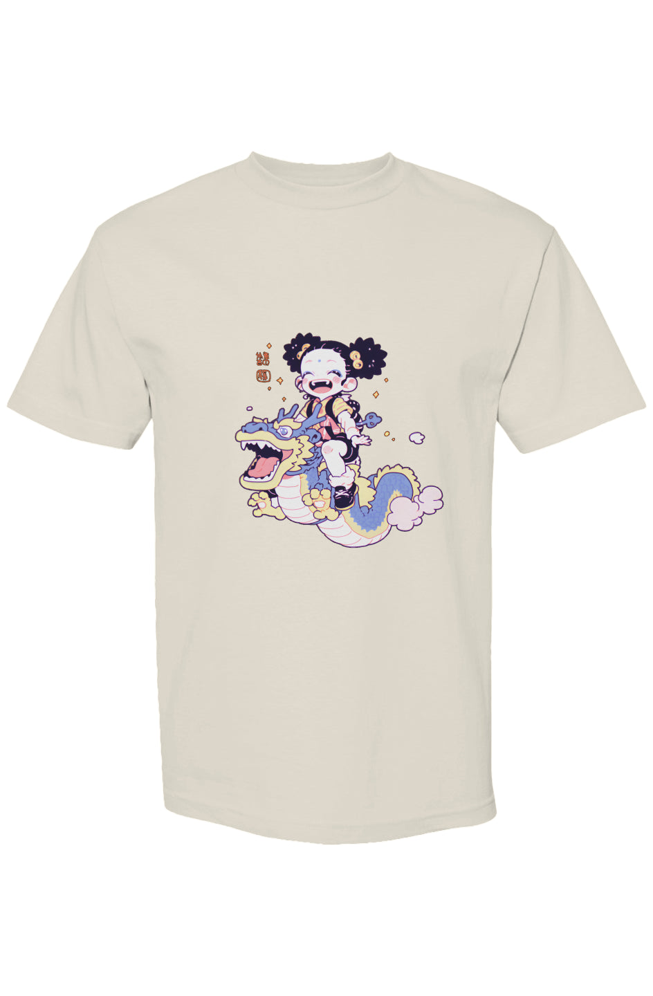 Shinjoku Streetwear Vibes I | Seven 25 T-shirt featuring a gleeful child on a colorful dragon, capturing digital-age expression on premium heavyweight cotton.