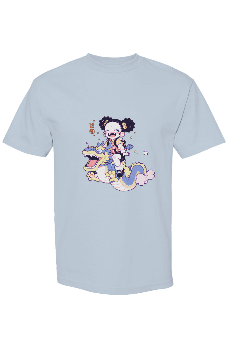 Light-blue T-shirt from Shinjoku Streetwear Vibes I | Seven 25 featuring a giggling girl riding a friendly dragon, artwork in pastel tones.