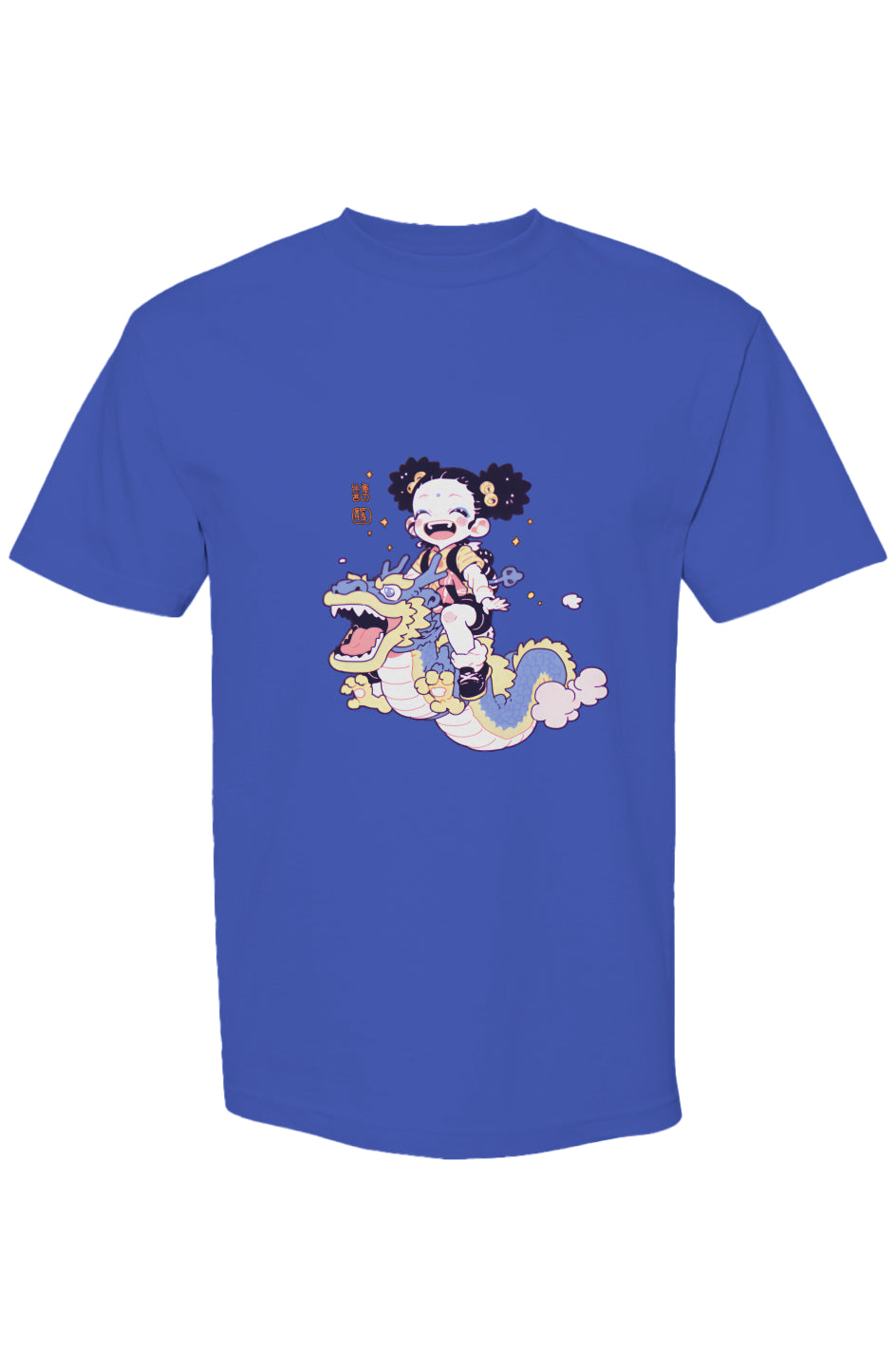 Royal-blue T-shirt Shinjoku Streetwear Vibes I | Seven 25 featuring a child on a dragon print, highlighting playful digital-age expression and premium craftsmanship.