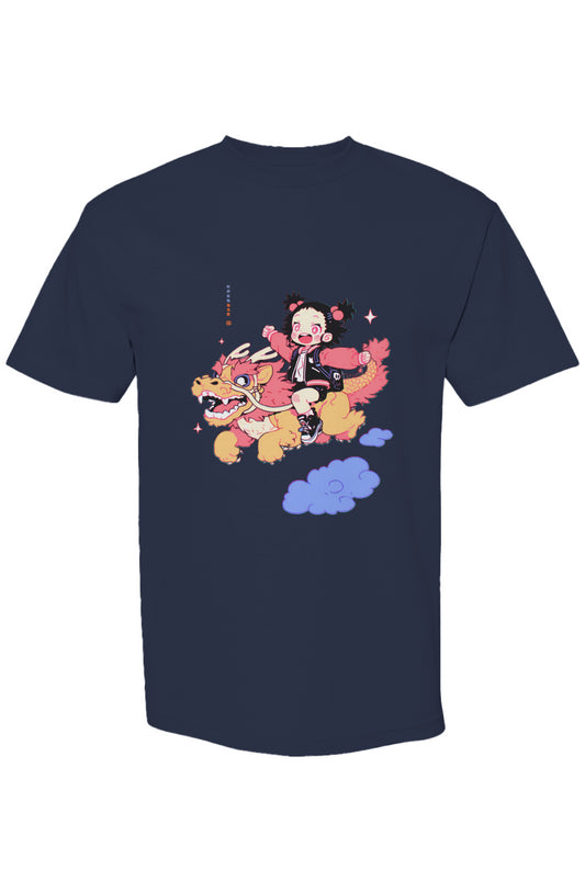 Navy-blue T-shirt with playful manga-inspired graphic showcasing a joyful child and dragon, part of Shinjoku Streetwear Vibes II | Seven 25 collection.