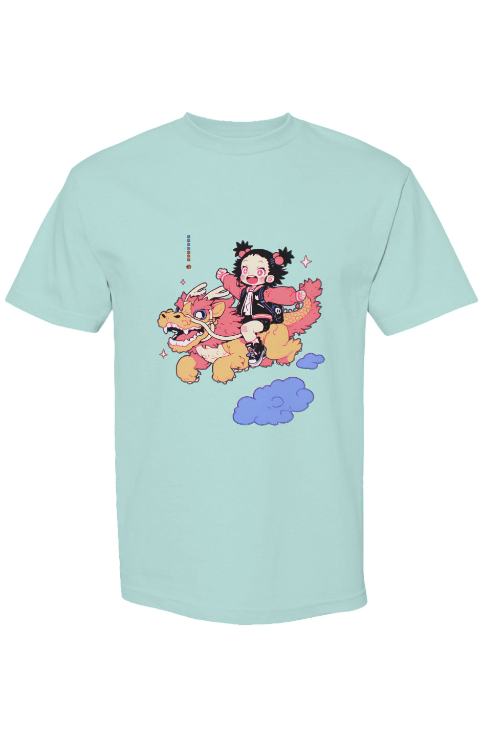 Shinjoku Streetwear Vibes II | Seven 25: Mint-green T-shirt featuring a whimsical anime-inspired print of a girl riding a mythical creature on a cloud.