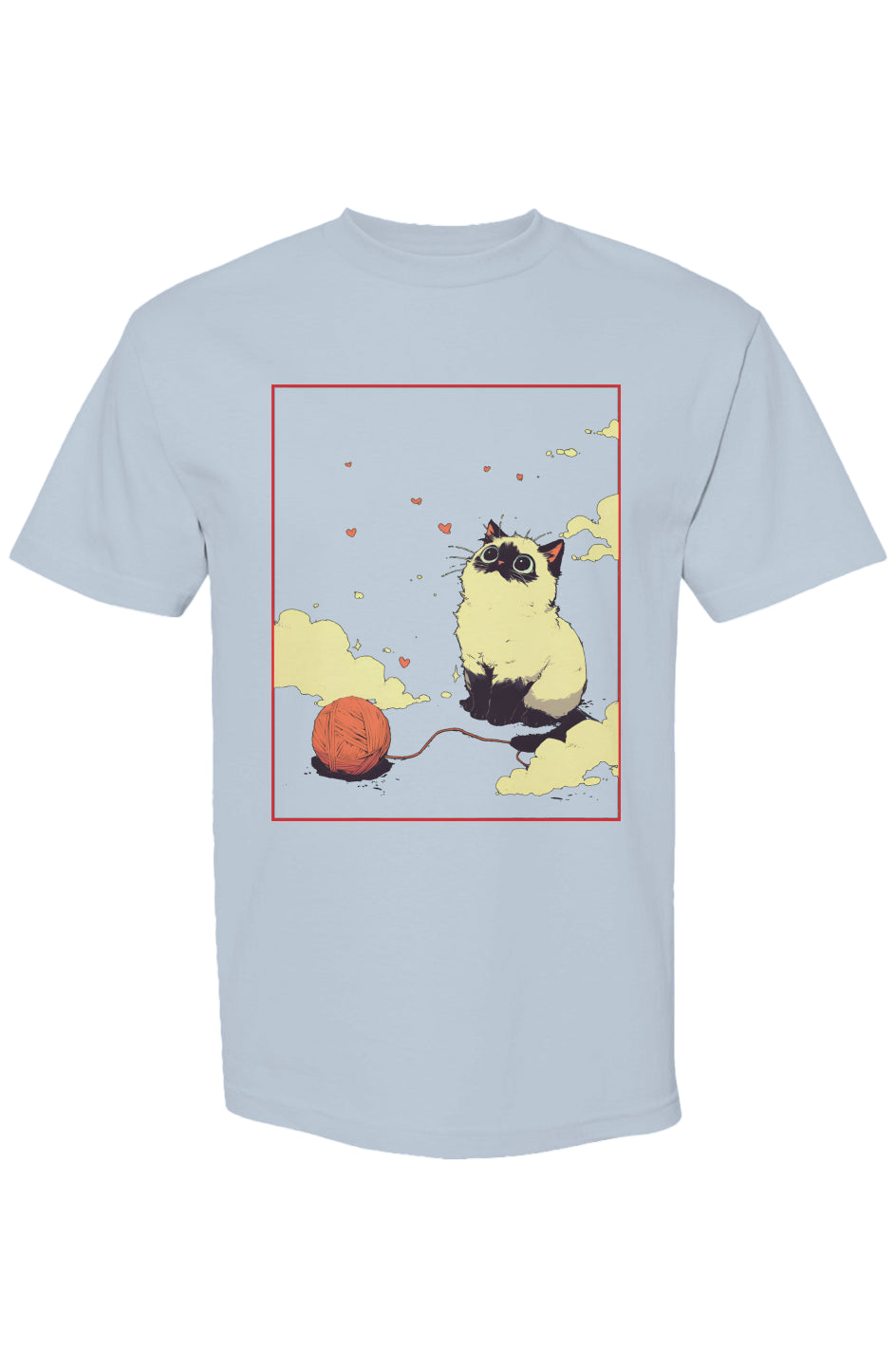 Light-blue T-shirt featuring a kitten illustration with hearts and yarn, part of the Shinjoku Streetwear Vibes III | Seven 25 collection, offering a boxy, relaxed fit.