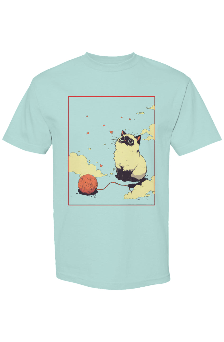 Light aqua-blue T-shirt featuring a fluffy cat with a red yarn ball, surrounded by hearts and clouds, from Shinjoku Streetwear Vibes III | Seven 25.