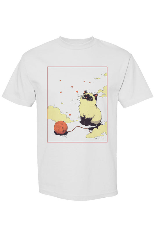 White T-shirt featuring a fluffy cat illustration with a red yarn ball, yellow clouds, and hearts, from Shinjoku Streetwear Vibes III | Seven 25 collection.
