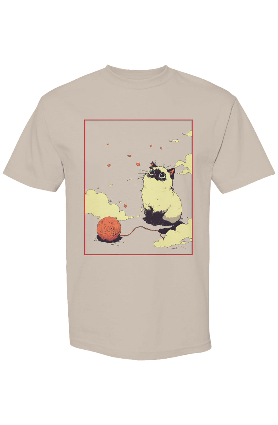 Shinjoku Streetwear Vibes III | Seven 25: Beige T-shirt with Siamese-style cat illustration, red yarn and hearts, offering a unique digital-age expression on heavyweight cotton.