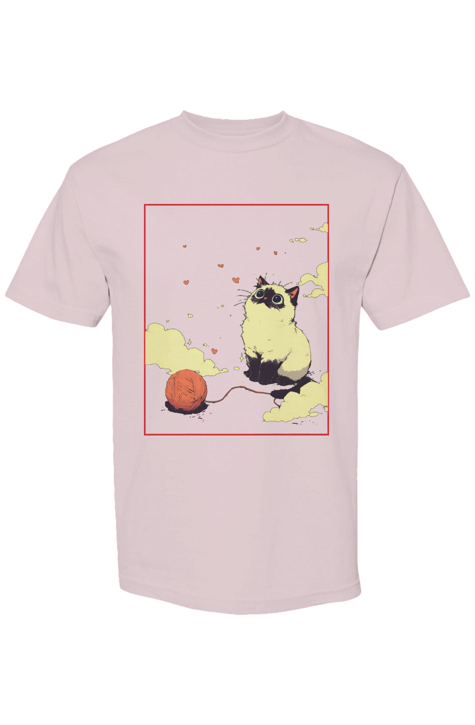 Pale-pink T-shirt featuring a fluffy cat with black markings, an orange yarn ball, and hearts, from the Shinjoku Streetwear Vibes III | Seven 25 collection.