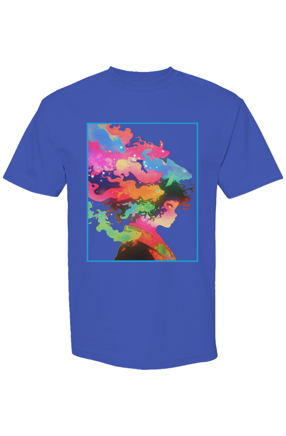 Royal-blue T-shirt featuring Shinjoku Streetwear Vibes IV | Seven 25, with a dreamy, multicolored abstract profile graphic of a girl with swirling fish-like shapes.