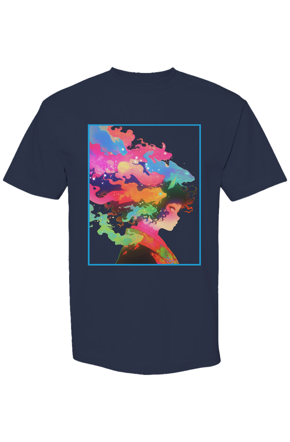 Navy-blue T-shirt featuring a vivid artwork of a side profile with swirling rainbow hair, part of the Shinjoku Streetwear Vibes IV | Seven 25 collection.