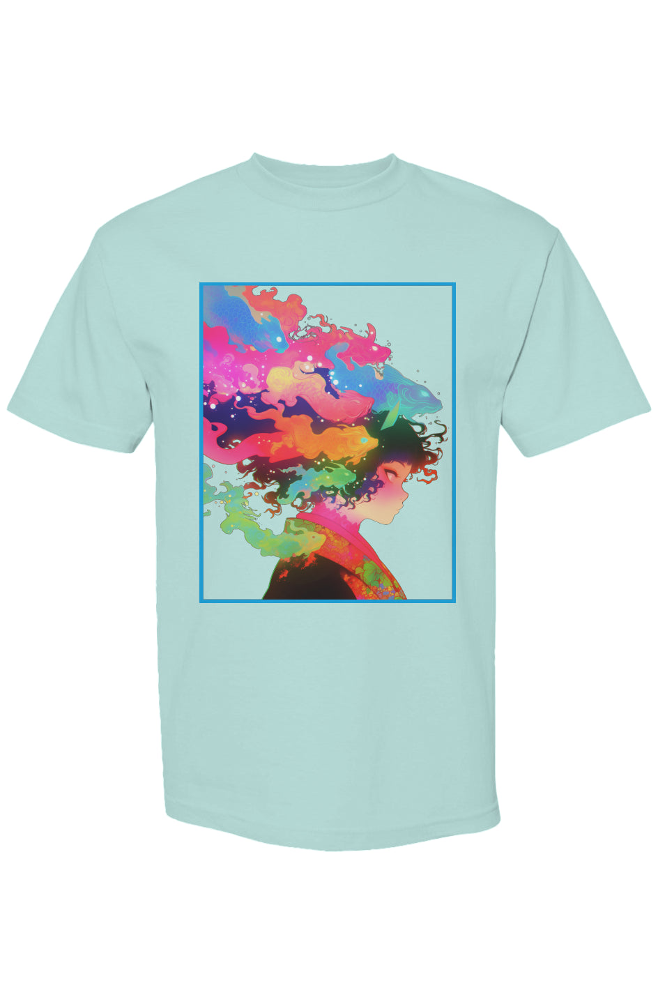 Light mint-green Shinjoku Streetwear Vibes IV T-shirt featuring a vibrant, dreamlike graphic of a profile with rainbow-colored, watercolor-like shapes flowing as hair.