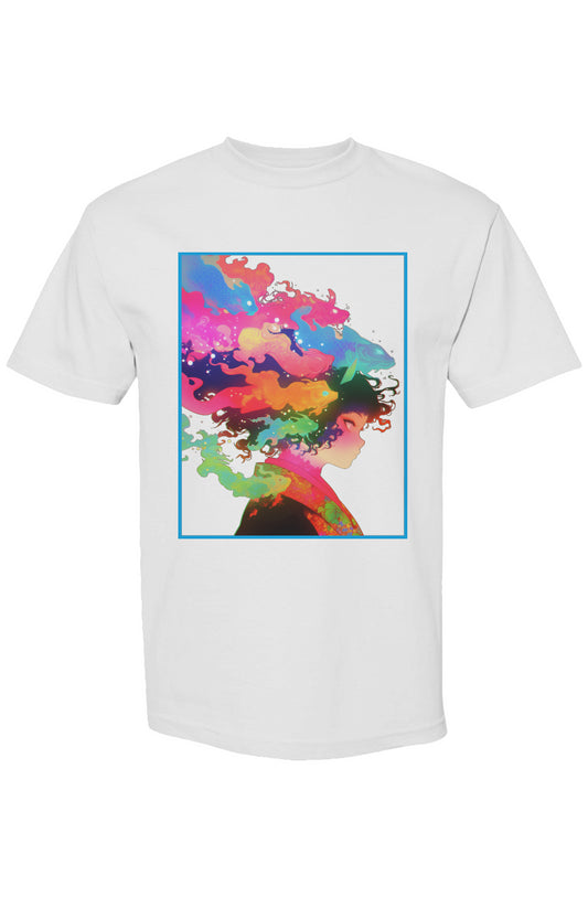 Shinjoku Streetwear Vibes IV | Seven 25 T-shirt featuring a psychedelic side-profile portrait with hair transforming into a multicolored, liquid-like cloud on the front.