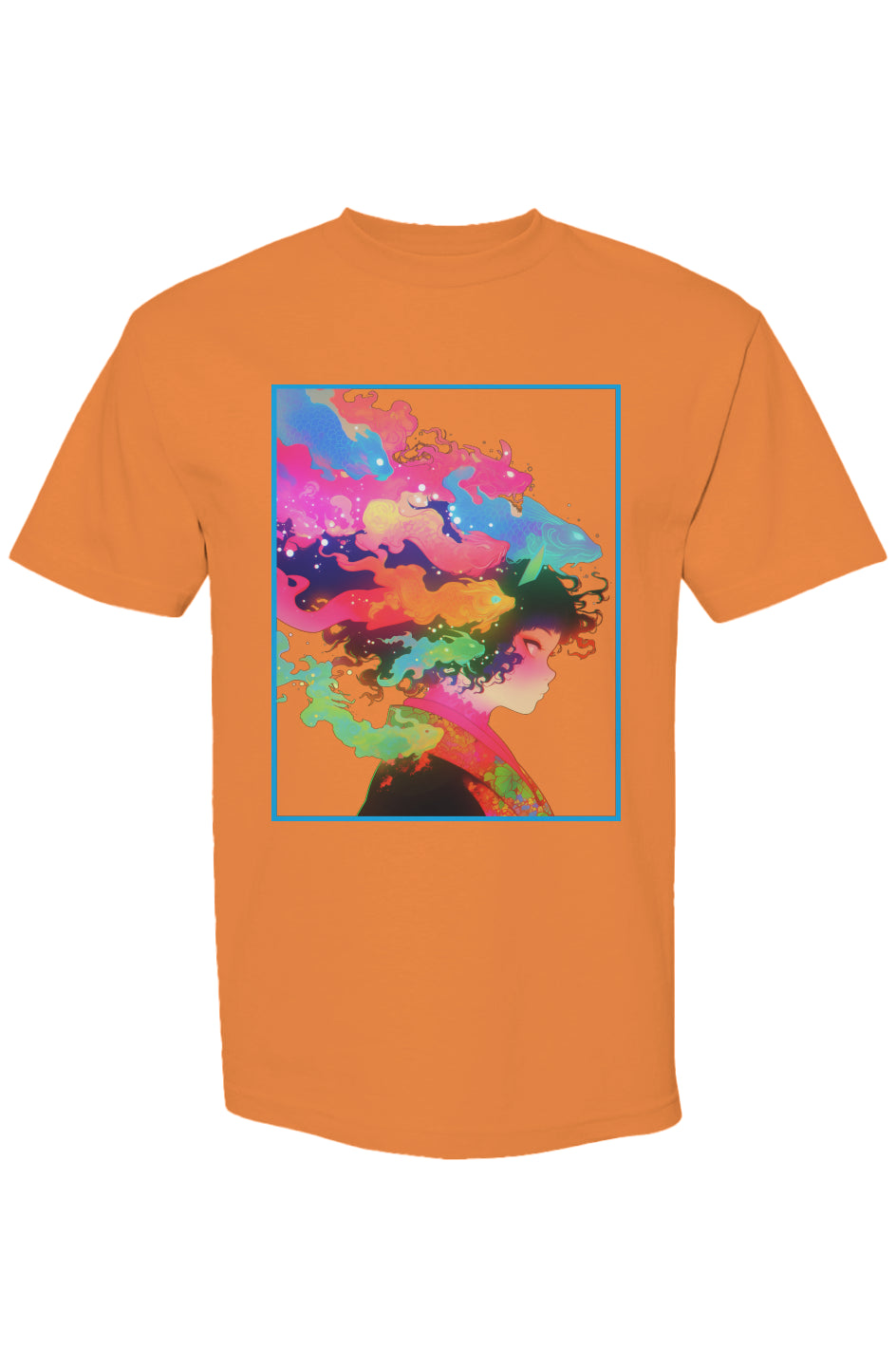 Orange T-shirt featuring Shinjoku Streetwear Vibes IV | Seven 25 design: a stylized profile with multicolored hair blending into abstract fish shapes.