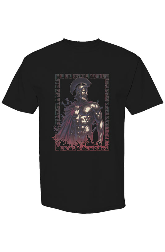 Black T-shirt featuring a stylized ancient Greek warrior graphic, part of Shinjoku Streetwear Vibes V | Seven 25, with a modern, shattered effect design.
