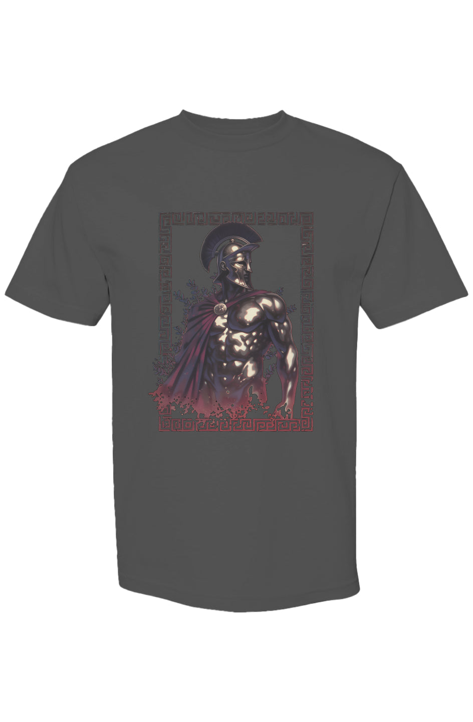 Dark-gray T-shirt featuring a sculptural classical warrior graphic with a crested helmet and red cloak, framed by a Greek-key border, from Shinjoku Streetwear Vibes V | Seven 25.
