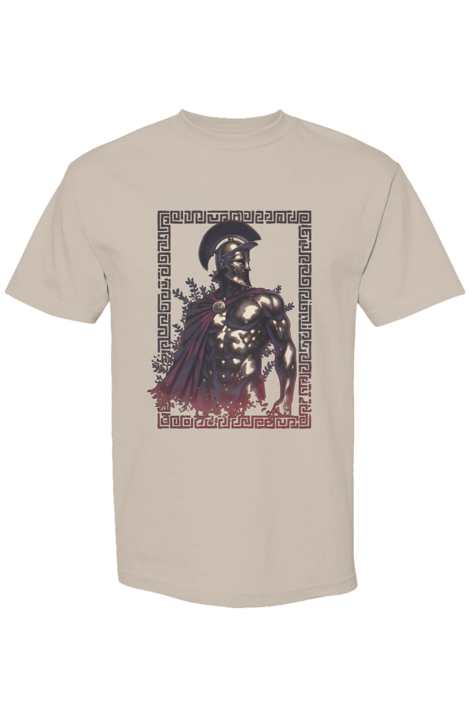 Shinjoku Streetwear Vibes V | Seven 25 beige T-shirt featuring a stylized Spartan warrior with helmet and cloak, set inside a Greek-key border.