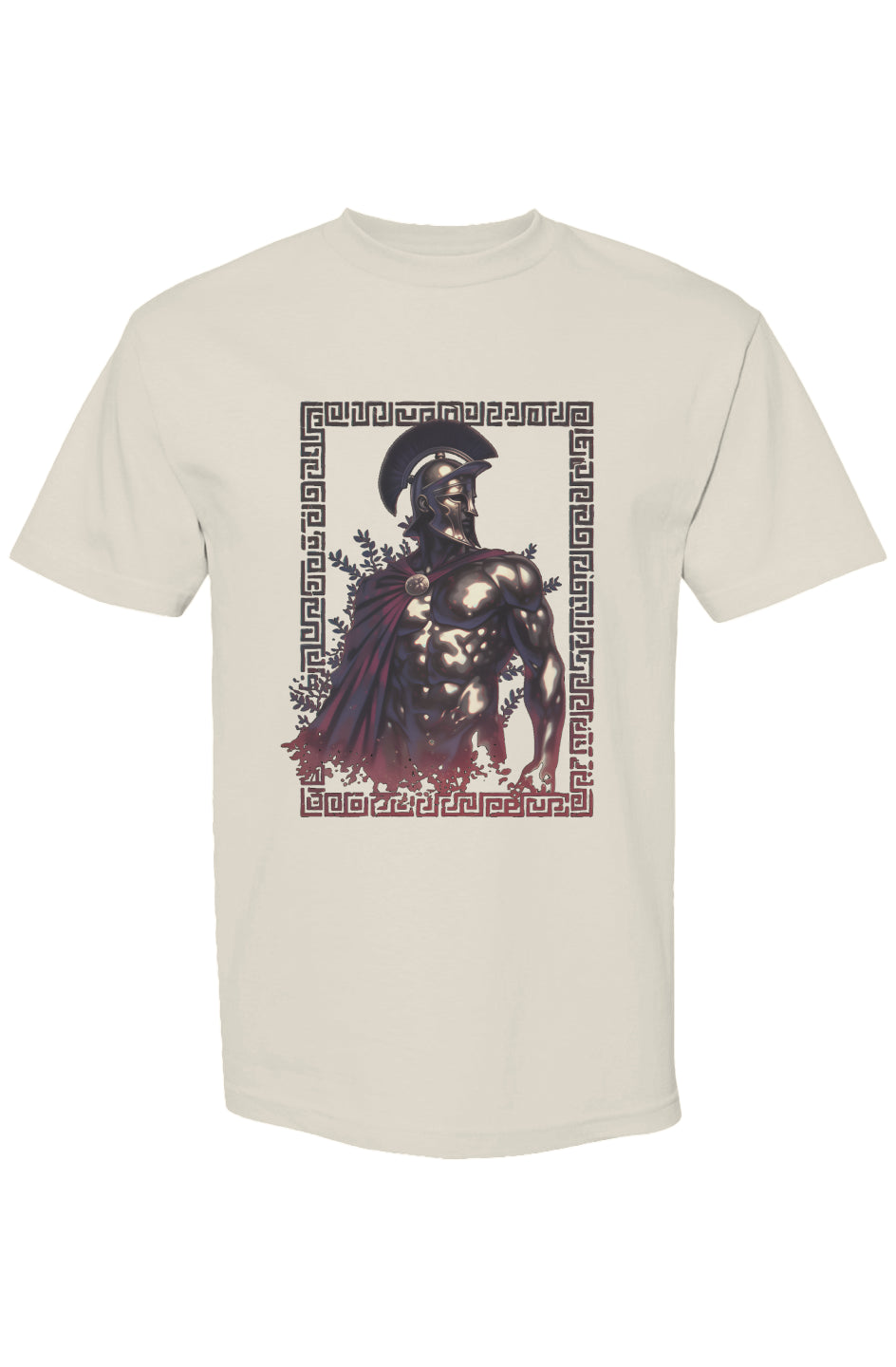 Shinjoku Streetwear Vibes V | Seven 25 T-shirt featuring a Spartan warrior graphic, framed by a Greek-key border, on light-beige, heavyweight cotton.