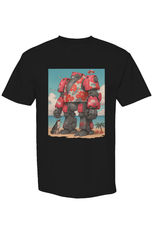 Black tee featuring Shinjoku Streetwear Vibes VI | Seven 25, showcasing a humanoid robot in a red Hawaiian shirt, with a beach backdrop and a small dog.