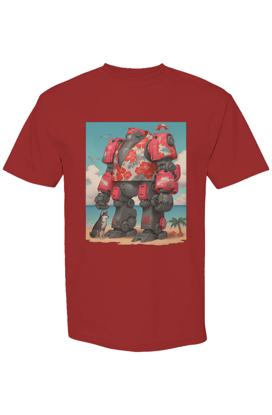 Shinjoku Streetwear Vibes VI | Seven 25: Red T-shirt featuring a battle-mech in a Hawaiian shirt with a husky, capturing a playful summer scene.