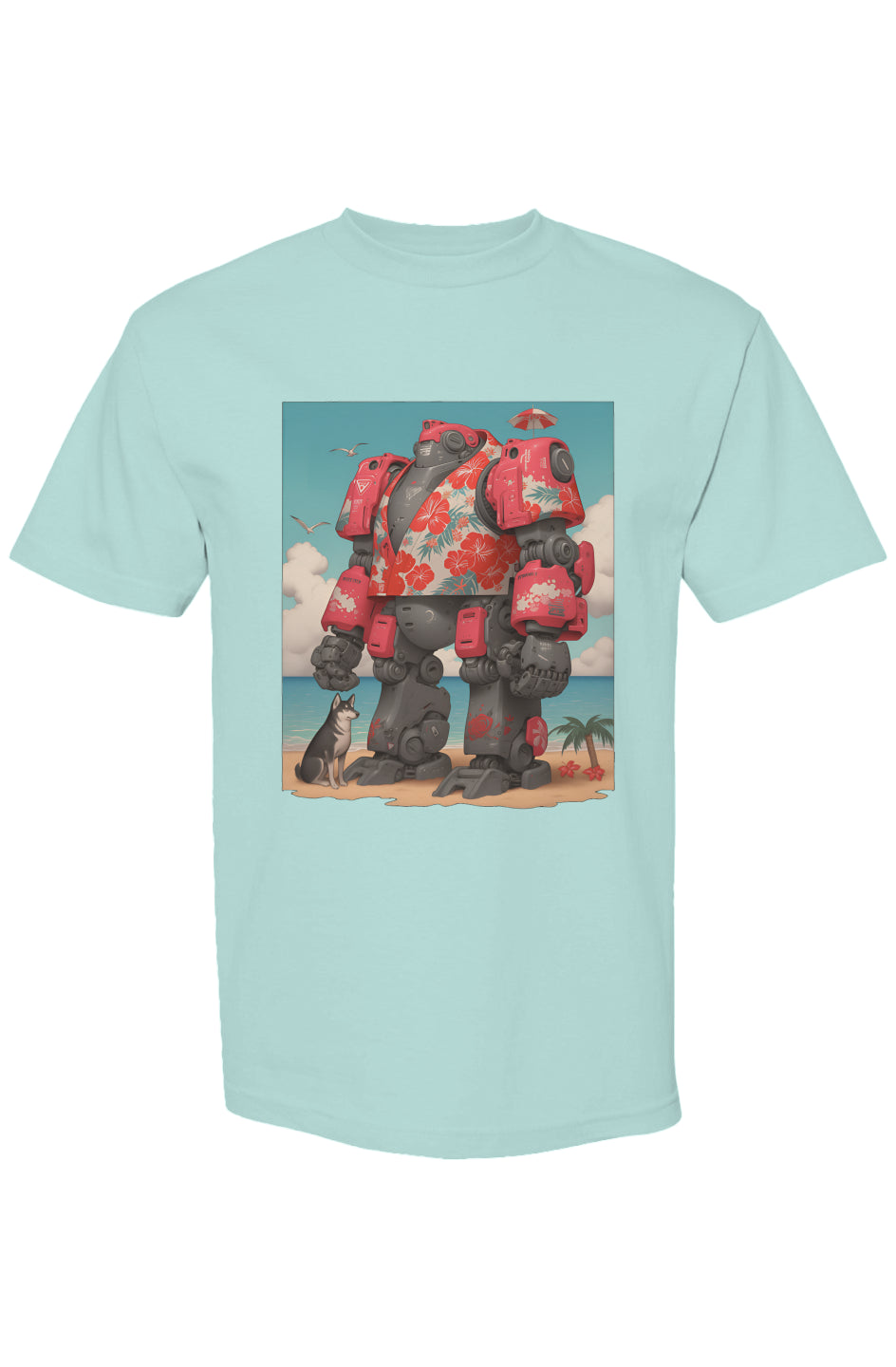 Light turquoise T-shirt featuring a bulky robot in a red Hawaiian shirt on a beach, part of Shinjoku Streetwear Vibes VI | Seven 25 collection.