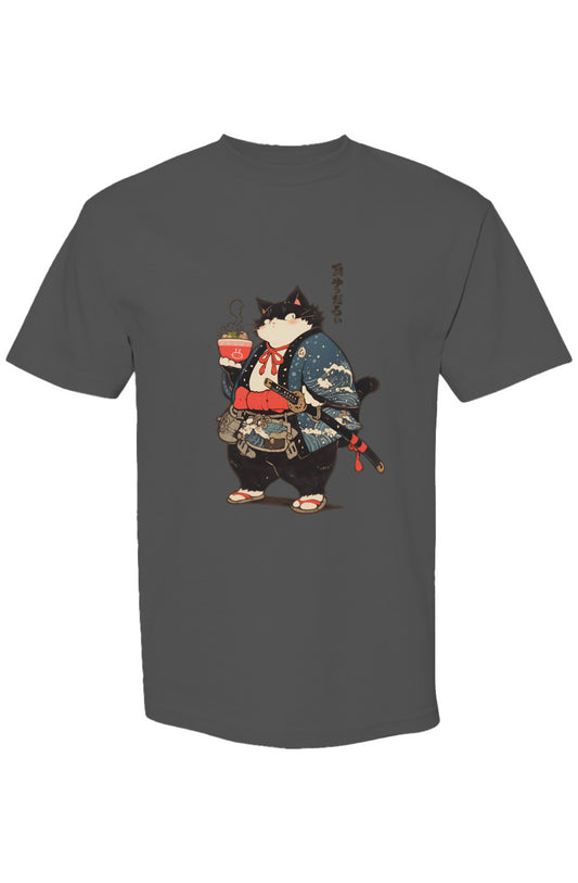 Charcoal-gray T-shirt featuring a samurai cat illustration, part of the Shinjoku Streetwear Vibes VII | Seven 25 collection, showcasing bold, digital-age expression.