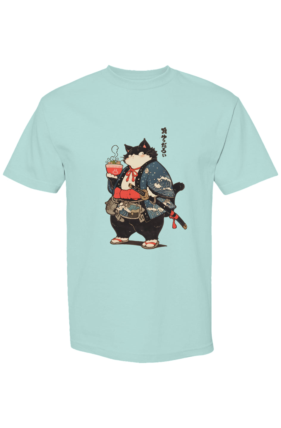 Shinjoku Streetwear Vibes VII | Seven 25 T-shirt featuring a playful samurai cat illustration holding ramen, reflecting digital-age expression on premium cotton.