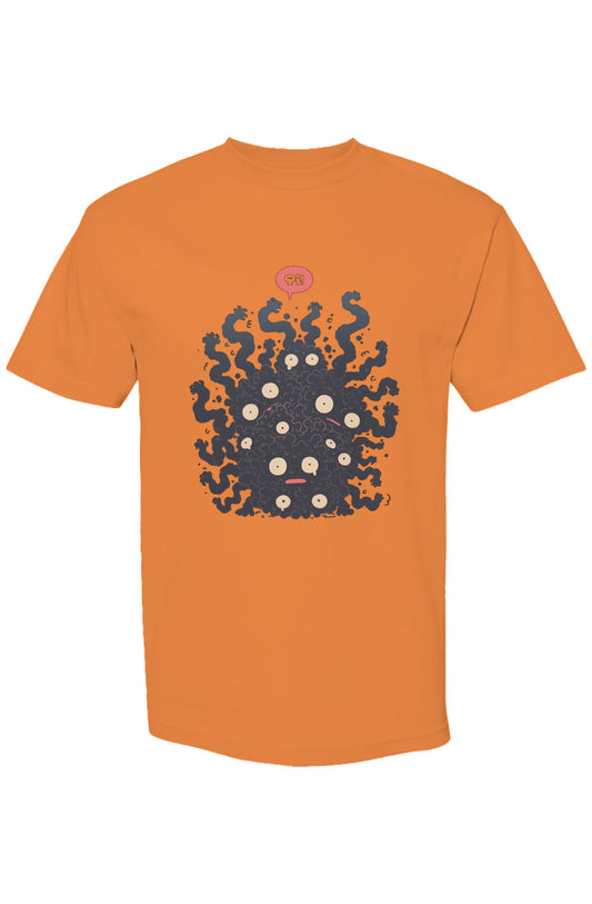 Shinjoku Streetwear Vibes IX | Seven 25: Orange T-shirt with a quirky black monster graphic, featuring eyes and a mouth, embodying playful digital-age expression.