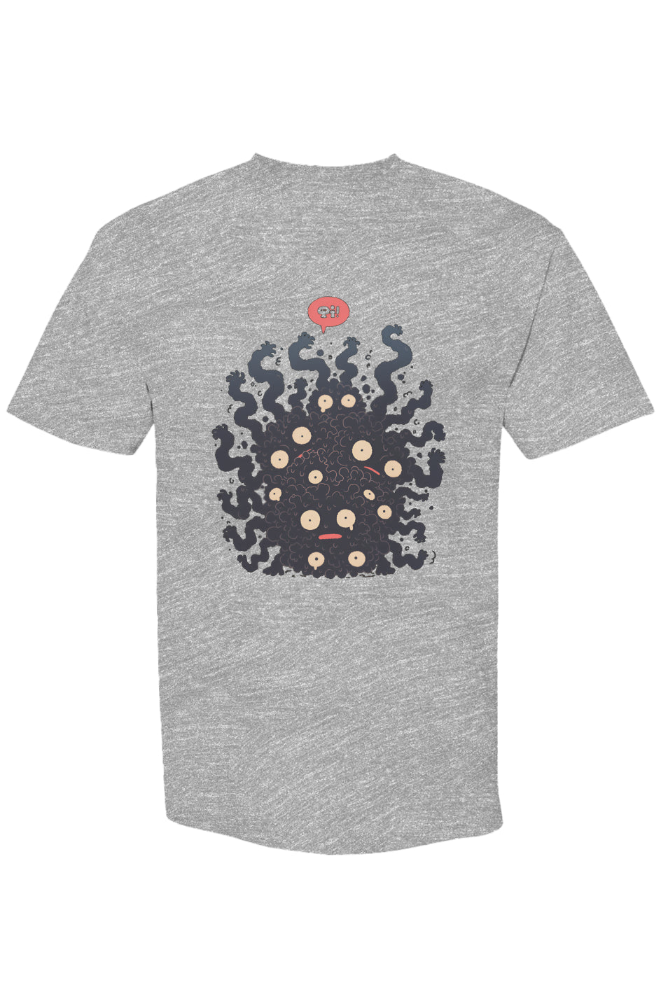 Heather-gray T-shirt featuring whimsical black squiggle monster from Shinjoku Streetwear Vibes IX | Seven 25, showcasing cartoon eyes, red mouth, and speech bubble.